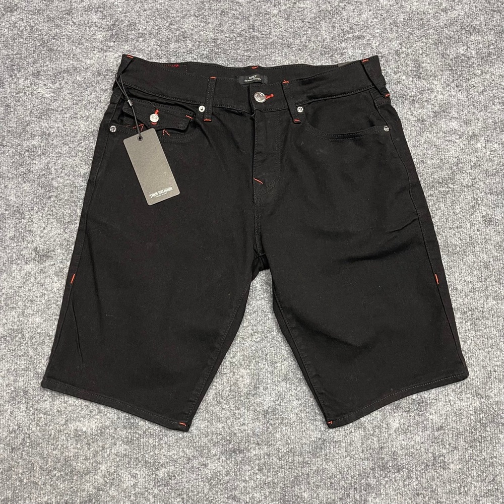 True Religion Denim Shorts Men Size 32 Black Rinse Ricky Relaxed Straight Stitch